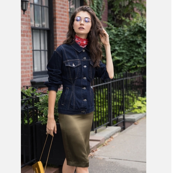 Current/Elliott 0 xs Denim Jacket Dark Wash Blue Pleated Trucker Western - Picture 3 of 8